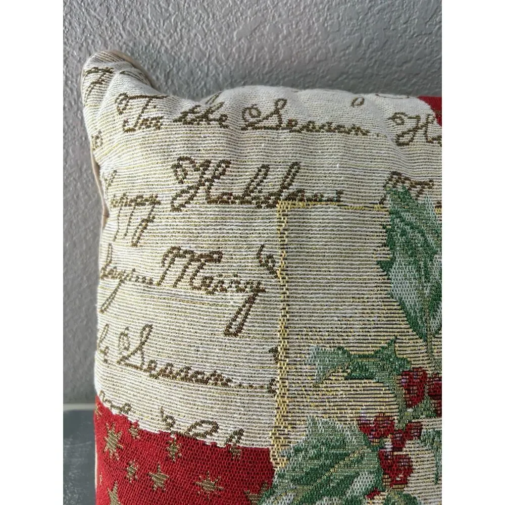 Vintage Christmas Tapestry Pillow Holly Berry Patchwork 16x16 Holiday Decor